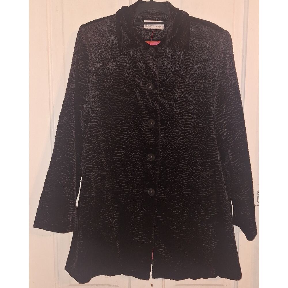Vintage Elliott Lauren Size L Made In USA Black Purplish Velour Coat Eveningwear